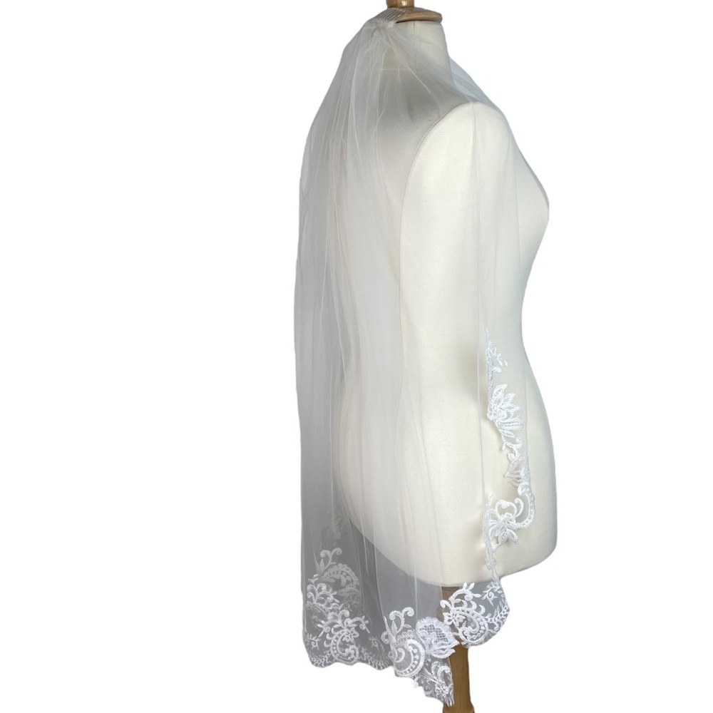 Embroidered Lace Wedding Bridal Veil - White Waist Length